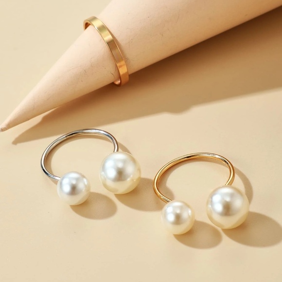 Pearl Elegance Ring Set, Double Pearl Ring Set, Pearl Cuff Ring, 3 Ring Set - Picture 2 of 5